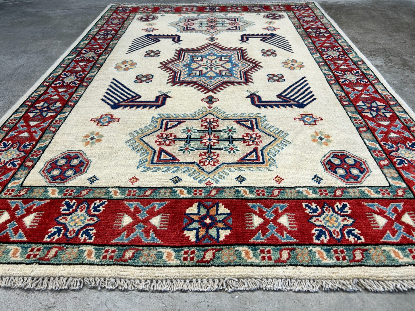 3'5"x4'9" Fine Hand-Knotted 100% Wool Pile Kazak Rug