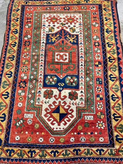 Collector Item -  3'4"x5'6" Antique Hand-Knotted 100% Wool Pile Kazak Rug