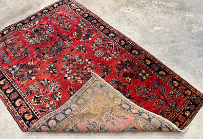 3'4"x4'10" Antique Hand-Knotted 100% Wool Pile Sarouke Mohajeran Rug