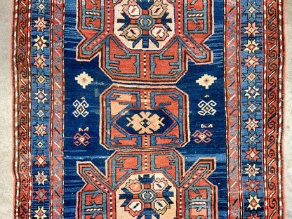 Collector Item - 4'1"x7'3" Antique Hand-Knotted 100% Wool Pile Russian Kazak Rug