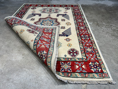 3'5"x4'9" Fine Hand-Knotted 100% Wool Pile Kazak Rug