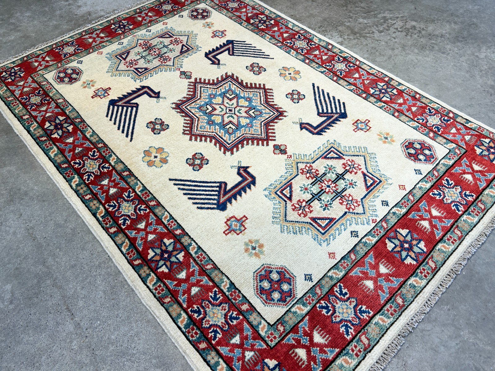 3'5"x4'9" Fine Hand-Knotted 100% Wool Pile Kazak Rug
