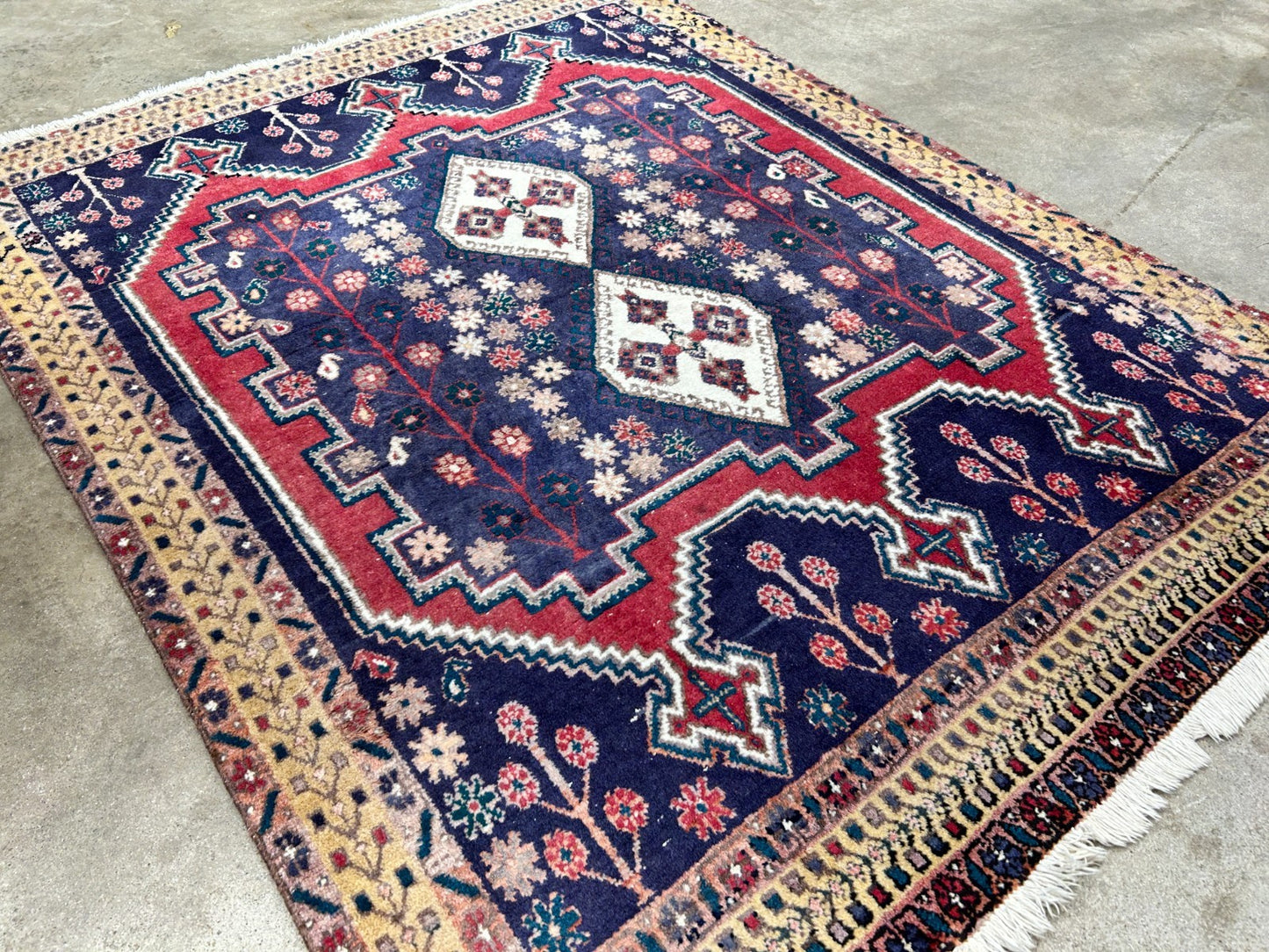 4'3"x5'6" Antique Hand-Knotted 100% Wool Pile Hamadane Rug