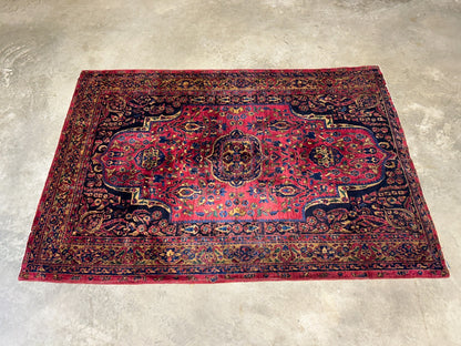 4'5"x6'6" Rare Antique Hand-Knotted 100% Wool Pile Sarouke Area Rug - Carpet