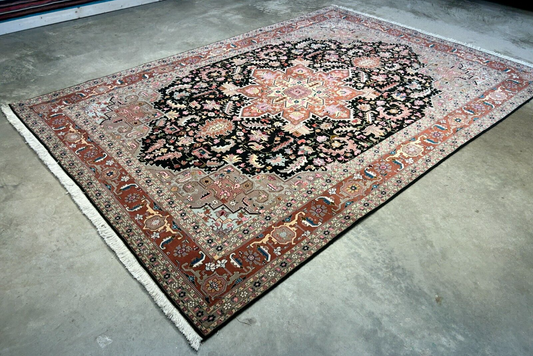6'6"x9'6" Fine Hand-Knotted Wool & Silk Blend Tabrize Herize Carpet - Area Rug